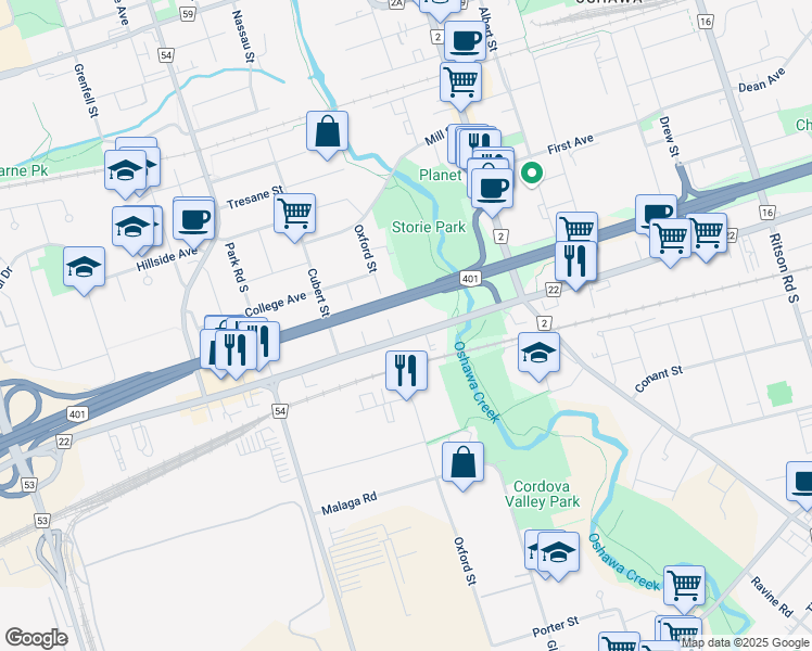 map of restaurants, bars, coffee shops, grocery stores, and more near 134 Bloor Street West in Oshawa