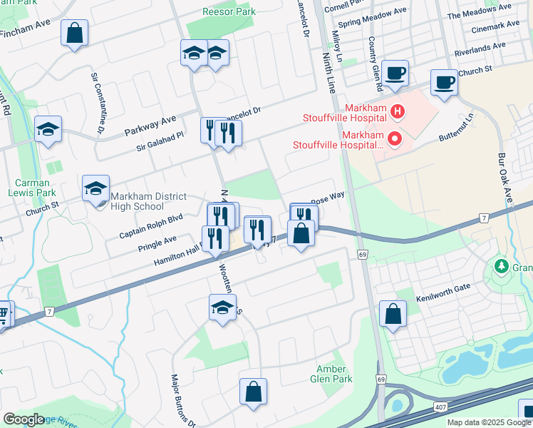map of restaurants, bars, coffee shops, grocery stores, and more near in Markham