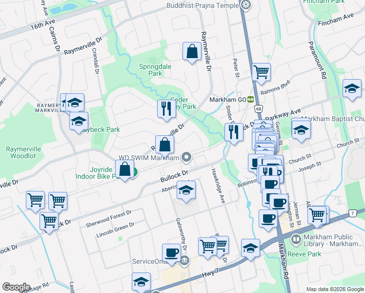 map of restaurants, bars, coffee shops, grocery stores, and more near 108 Burwell Crescent in Markham