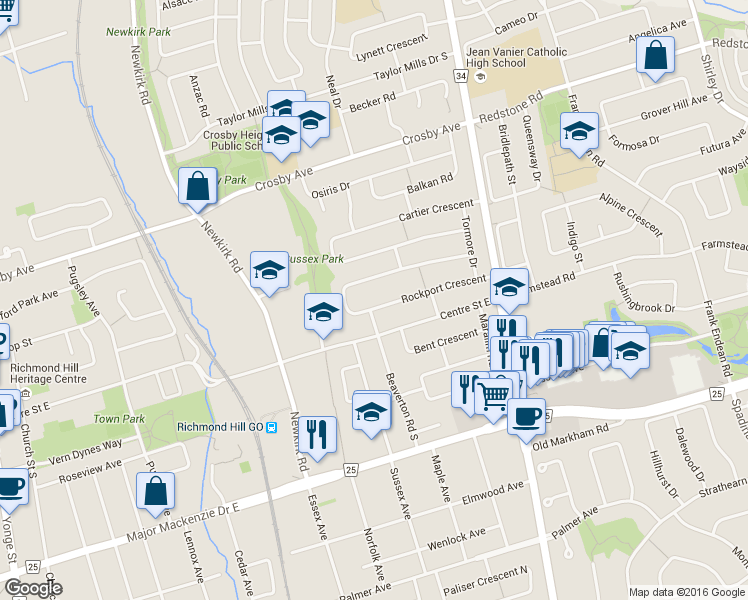 map of restaurants, bars, coffee shops, grocery stores, and more near 64 Rockport Crescent in Richmond Hill