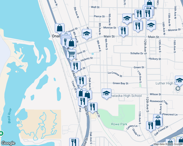 map of restaurants, bars, coffee shops, grocery stores, and more near 505 Oak Avenue South in Onalaska