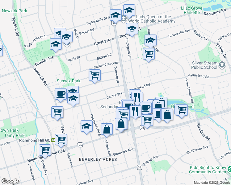 map of restaurants, bars, coffee shops, grocery stores, and more near 441 Centre Street East in Richmond Hill