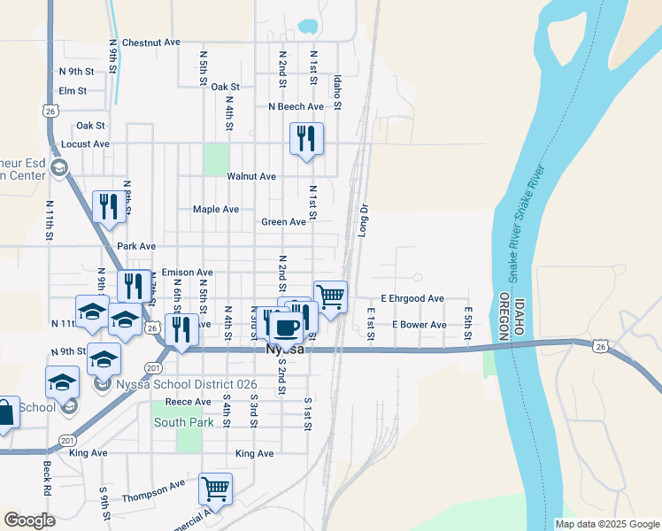 map of restaurants, bars, coffee shops, grocery stores, and more near 14 Emison Avenue in Nyssa