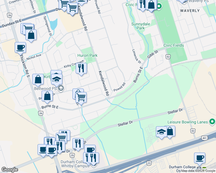 map of restaurants, bars, coffee shops, grocery stores, and more near 24 Hawkstone Crescent in Whitby