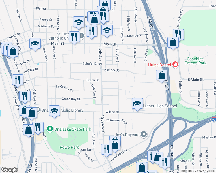 map of restaurants, bars, coffee shops, grocery stores, and more near 1210 La Crosse Street in Onalaska