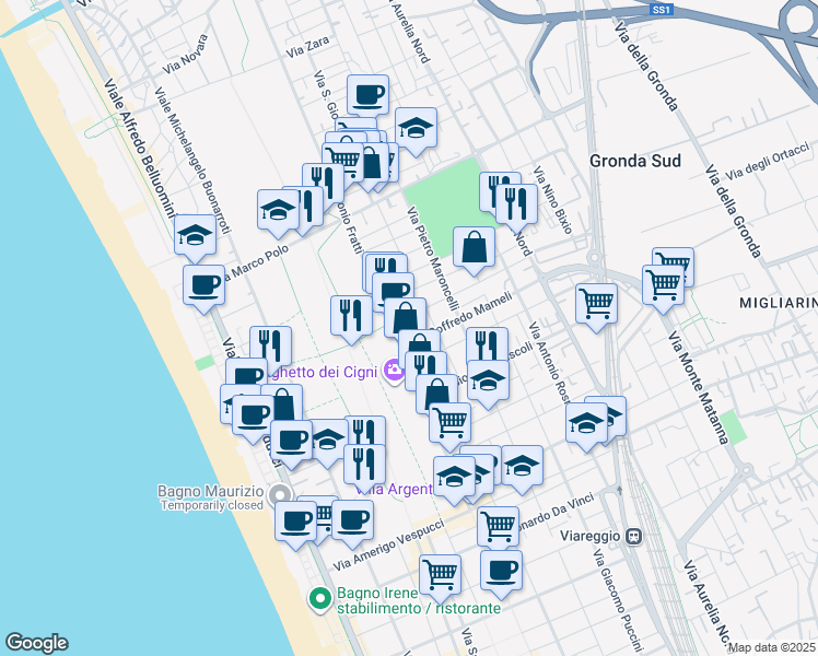 map of restaurants, bars, coffee shops, grocery stores, and more near 3 Via Goffredo Mameli in Viareggio