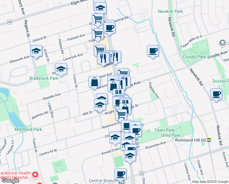 map of restaurants, bars, coffee shops, grocery stores, and more near in Richmond Hill
