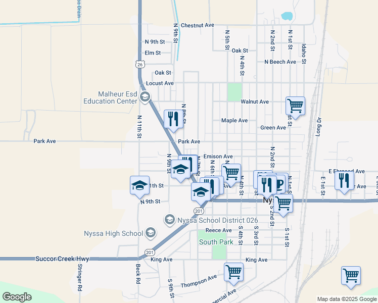 map of restaurants, bars, coffee shops, grocery stores, and more near 305 North 7th Street in Nyssa