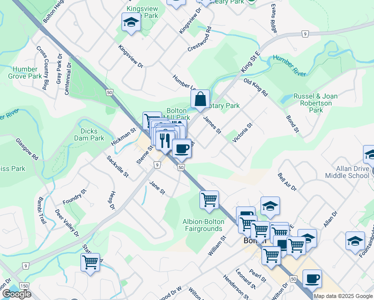 map of restaurants, bars, coffee shops, grocery stores, and more near in Bolton