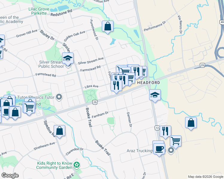 map of restaurants, bars, coffee shops, grocery stores, and more near 16 Forestwood Street in Richmond Hill