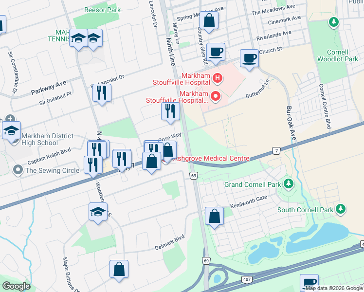 map of restaurants, bars, coffee shops, grocery stores, and more near 23 Natalie Court in Markham
