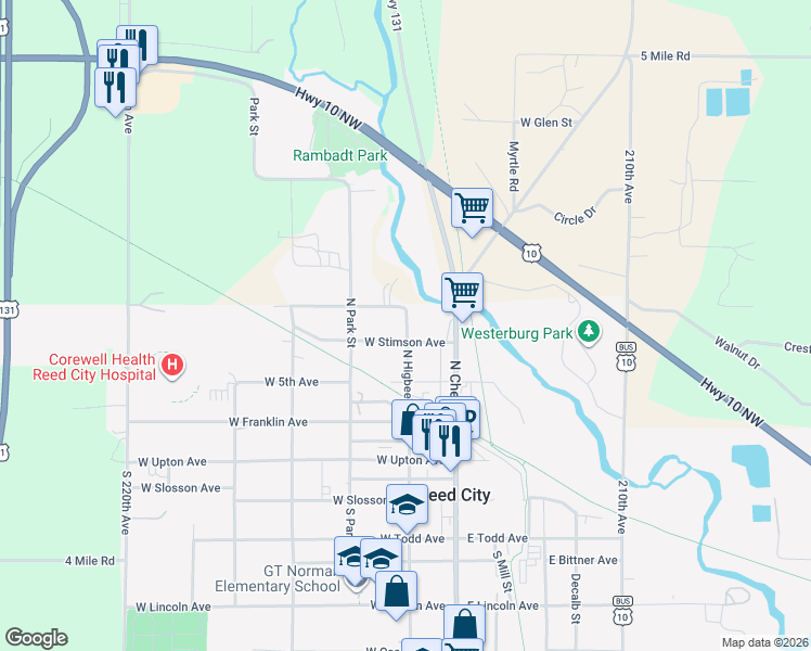 map of restaurants, bars, coffee shops, grocery stores, and more near 411 North Higbee Street in Reed City