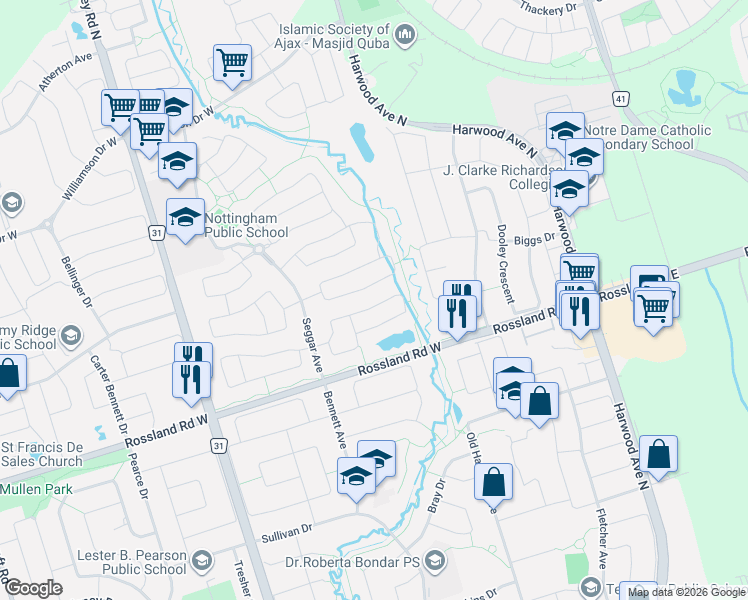 map of restaurants, bars, coffee shops, grocery stores, and more near 45 Bradbury Crescent in Ajax