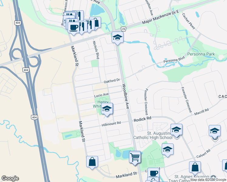 map of restaurants, bars, coffee shops, grocery stores, and more near 8 Stoneheath Crescent in Markham