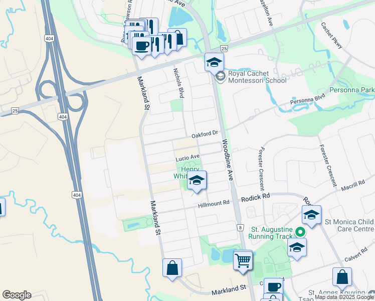 map of restaurants, bars, coffee shops, grocery stores, and more near 13 Mario Avenue in Markham