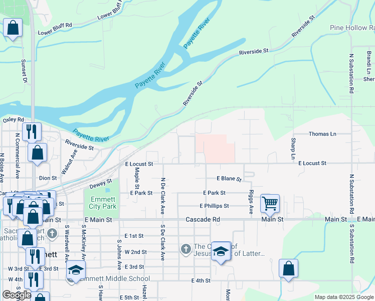 map of restaurants, bars, coffee shops, grocery stores, and more near 1016 East Locust Street in Emmett