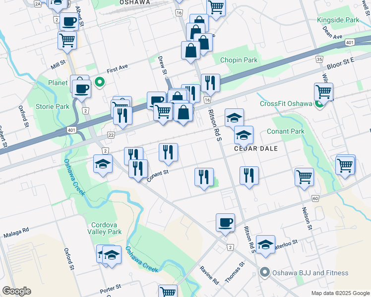map of restaurants, bars, coffee shops, grocery stores, and more near in Oshawa