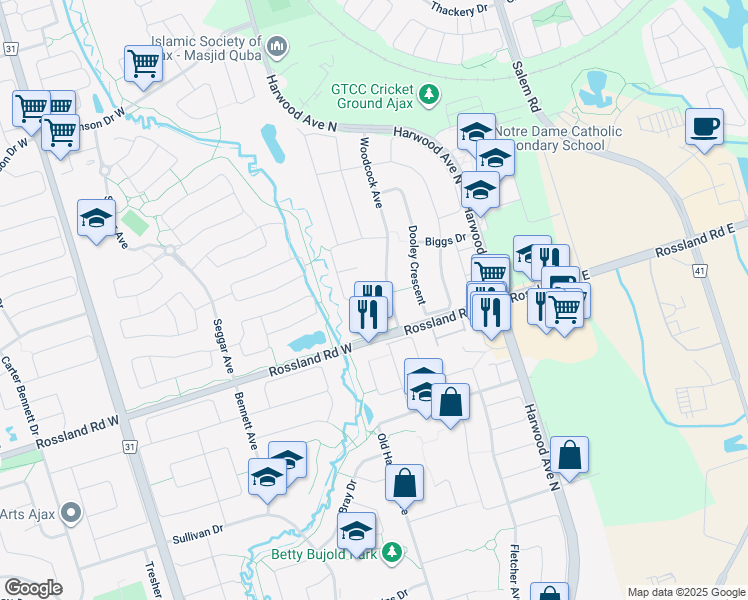 map of restaurants, bars, coffee shops, grocery stores, and more near in Ajax