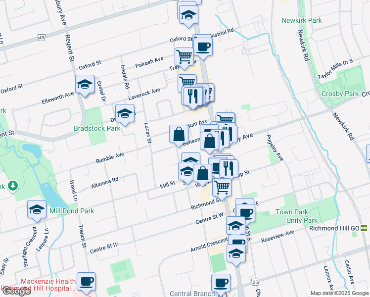 map of restaurants, bars, coffee shops, grocery stores, and more near 54 Benson Avenue in Richmond Hill