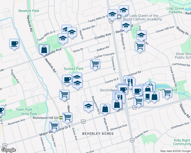 map of restaurants, bars, coffee shops, grocery stores, and more near 80 Rockport Crescent in Richmond Hill