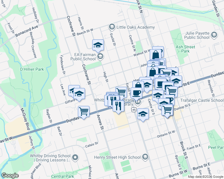 map of restaurants, bars, coffee shops, grocery stores, and more near 607 Mary Street West in Whitby