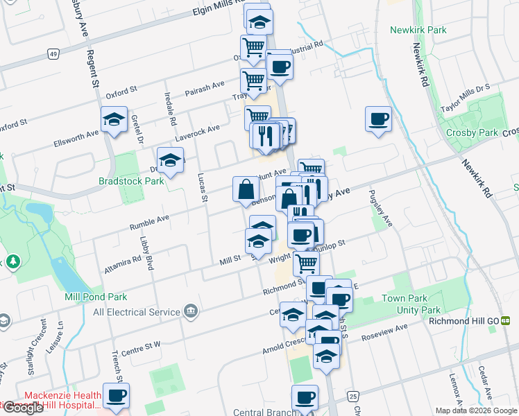 map of restaurants, bars, coffee shops, grocery stores, and more near 50 Benson Avenue in Richmond Hill