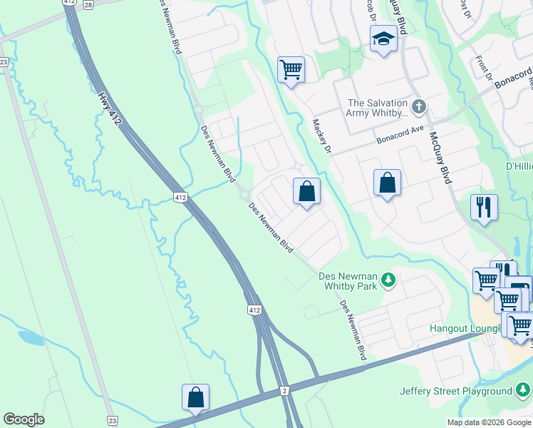 map of restaurants, bars, coffee shops, grocery stores, and more near 58 Fiesta Way in Whitby