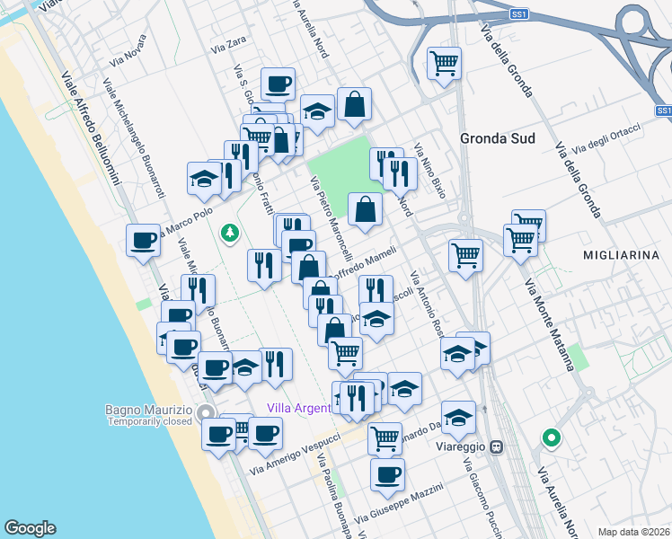 map of restaurants, bars, coffee shops, grocery stores, and more near 32/A Via San Tommaso D'Aquino in Viareggio