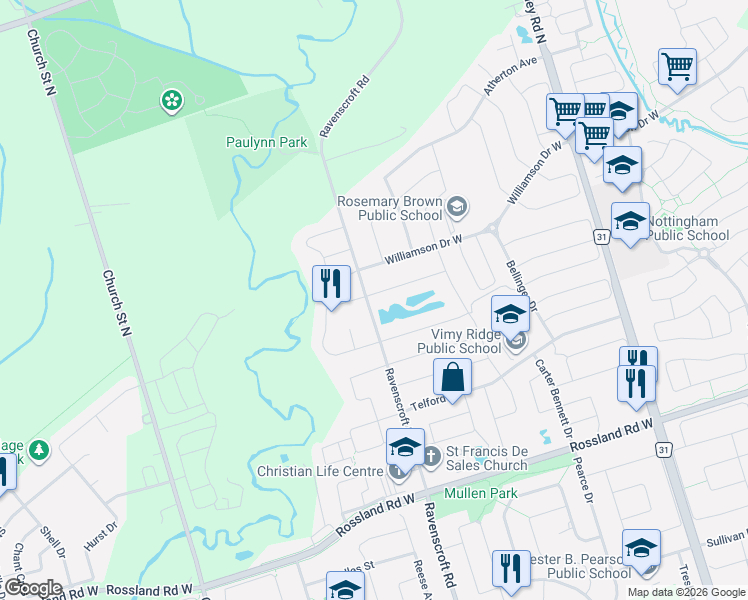 map of restaurants, bars, coffee shops, grocery stores, and more near 1157 Ravenscroft Road in Ajax