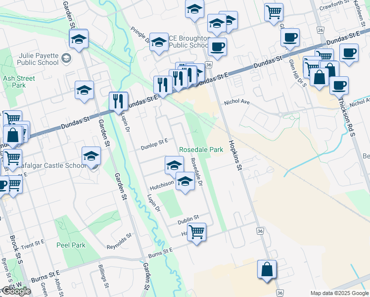 map of restaurants, bars, coffee shops, grocery stores, and more near 314 Rosedale Drive in Whitby