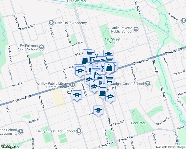 map of restaurants, bars, coffee shops, grocery stores, and more near 110 Dundas Street West in Whitby