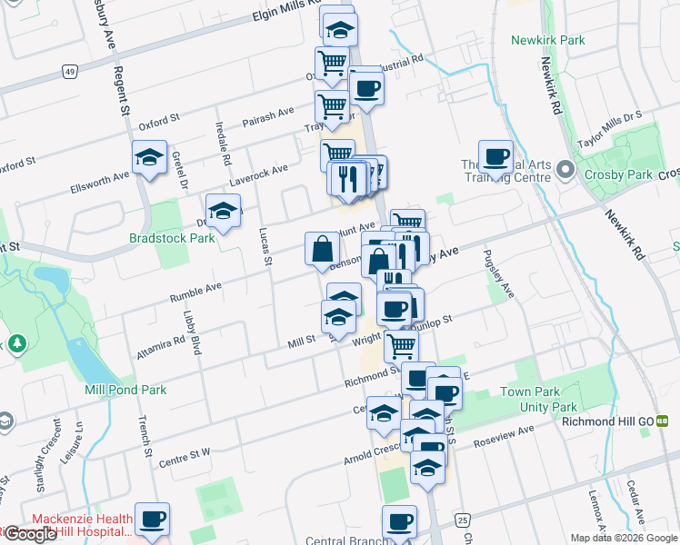 map of restaurants, bars, coffee shops, grocery stores, and more near 50 Benson Avenue in Richmond Hill