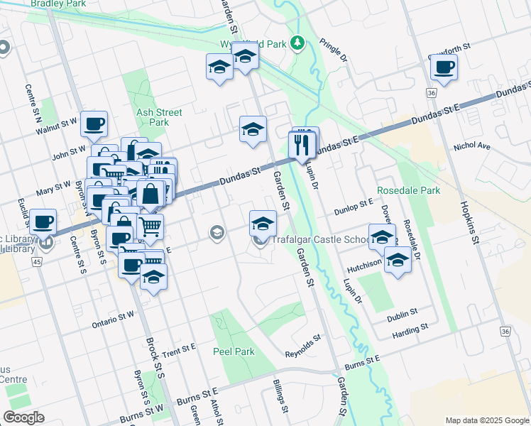 map of restaurants, bars, coffee shops, grocery stores, and more near in Whitby