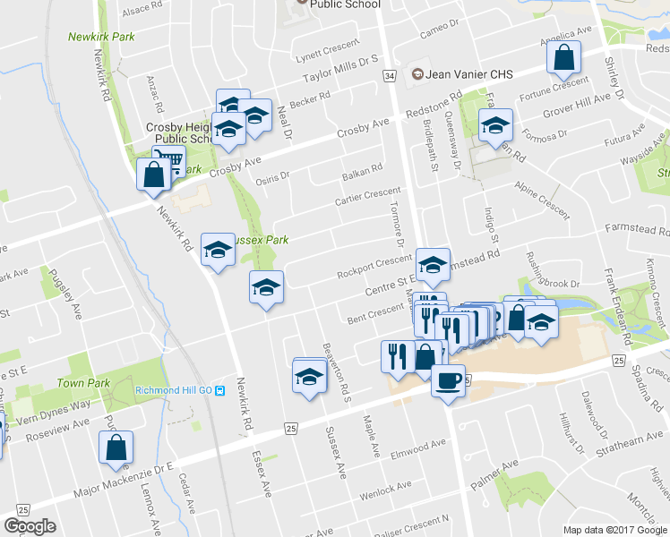 map of restaurants, bars, coffee shops, grocery stores, and more near in Richmond Hill