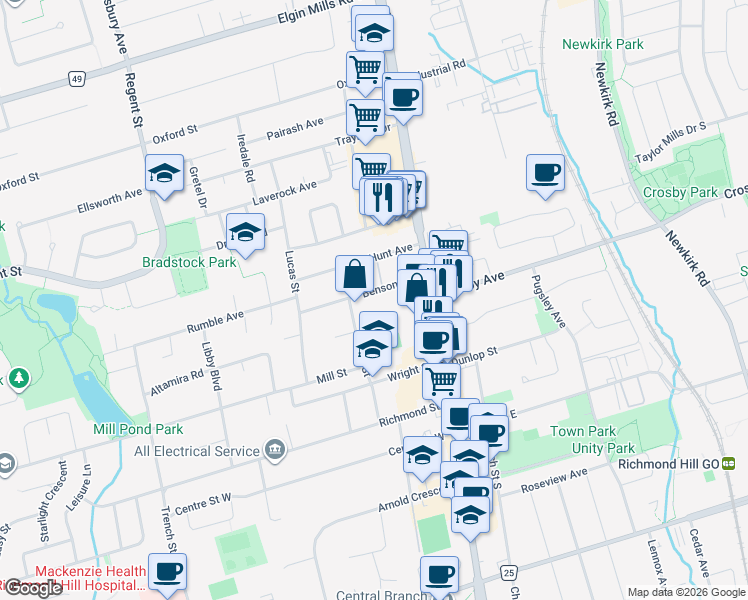 map of restaurants, bars, coffee shops, grocery stores, and more near 107 Hall Street in Richmond Hill