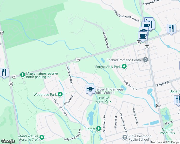 map of restaurants, bars, coffee shops, grocery stores, and more near 24 Aaron Goodbaum Court in Vaughan