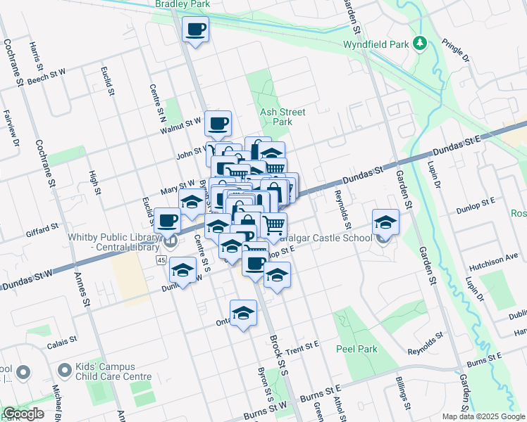 map of restaurants, bars, coffee shops, grocery stores, and more near in Whitby