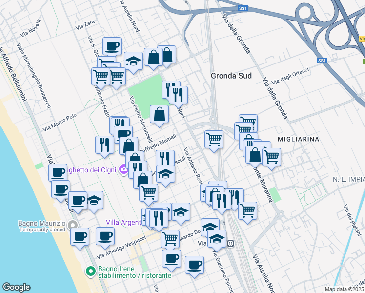 map of restaurants, bars, coffee shops, grocery stores, and more near 60 Via Giovanni Pascoli in Viareggio