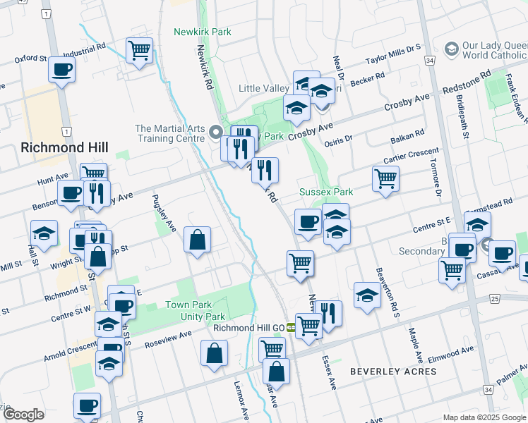map of restaurants, bars, coffee shops, grocery stores, and more near 70-94 Newkirk Rd in Richmond Hill