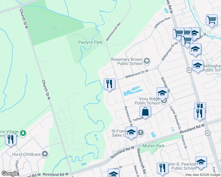 map of restaurants, bars, coffee shops, grocery stores, and more near 83 Harty Crescent in Ajax