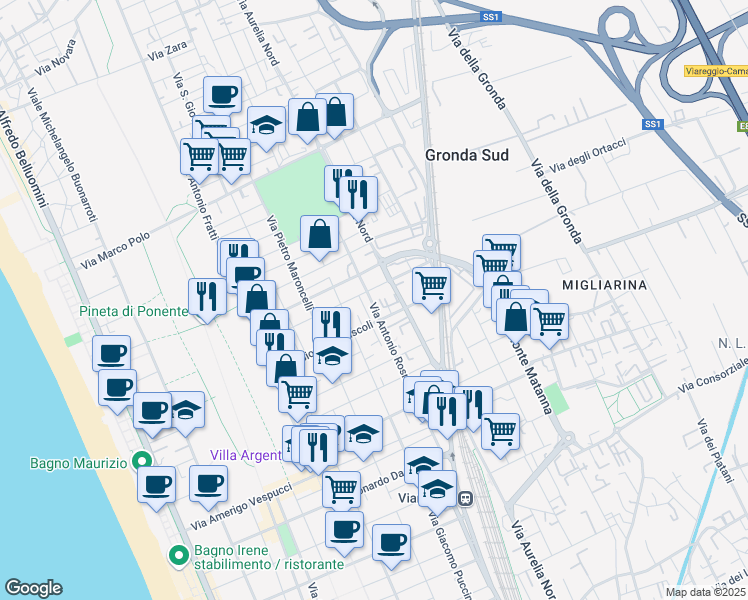 map of restaurants, bars, coffee shops, grocery stores, and more near 60 Via Giovanni Pascoli in Viareggio