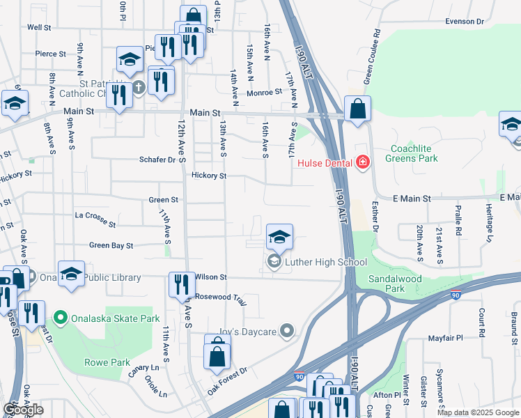 map of restaurants, bars, coffee shops, grocery stores, and more near 1620 Keller Court in Onalaska