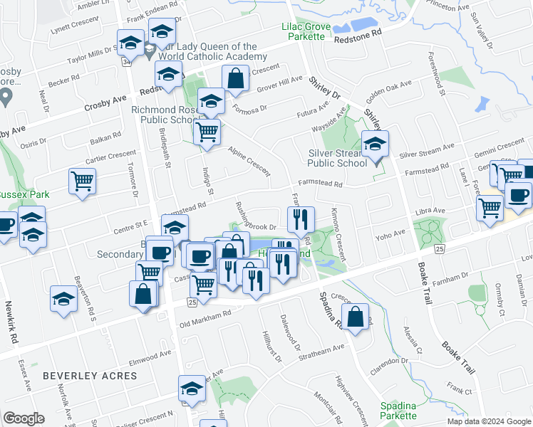 map of restaurants, bars, coffee shops, grocery stores, and more near 21 Lanebrooke Crescent in Richmond Hill