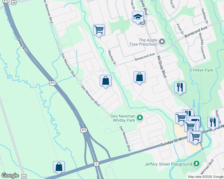 map of restaurants, bars, coffee shops, grocery stores, and more near 149 Westfield Drive in Whitby