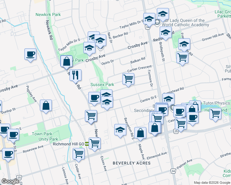 map of restaurants, bars, coffee shops, grocery stores, and more near 50 Rockport Crescent in Richmond Hill