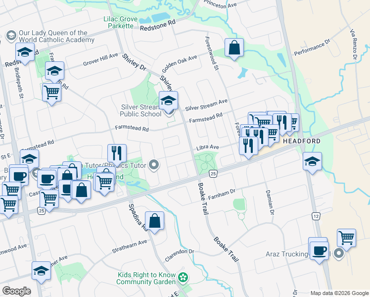map of restaurants, bars, coffee shops, grocery stores, and more near 30 Libra Avenue in Richmond Hill