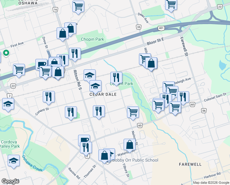 map of restaurants, bars, coffee shops, grocery stores, and more near 381 Conant Street in Oshawa