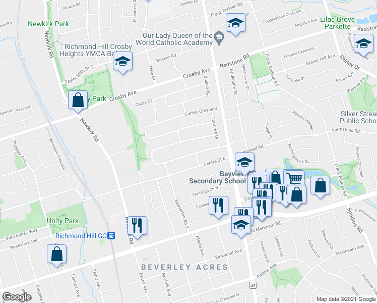map of restaurants, bars, coffee shops, grocery stores, and more near 88 Rockport Crescent in Richmond Hill