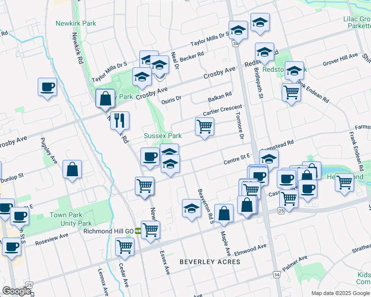 map of restaurants, bars, coffee shops, grocery stores, and more near 48 Rockport Crescent in Richmond Hill