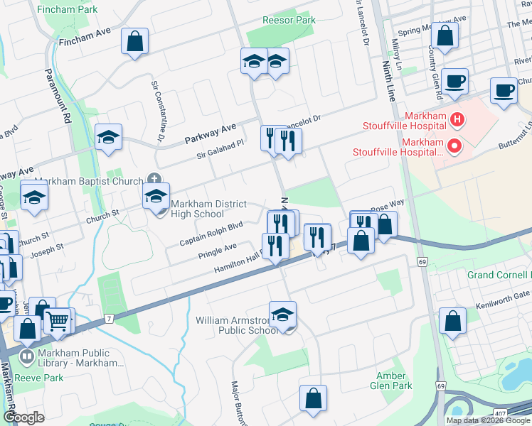 map of restaurants, bars, coffee shops, grocery stores, and more near 67 Captain Rolph Boulevard in Markham
